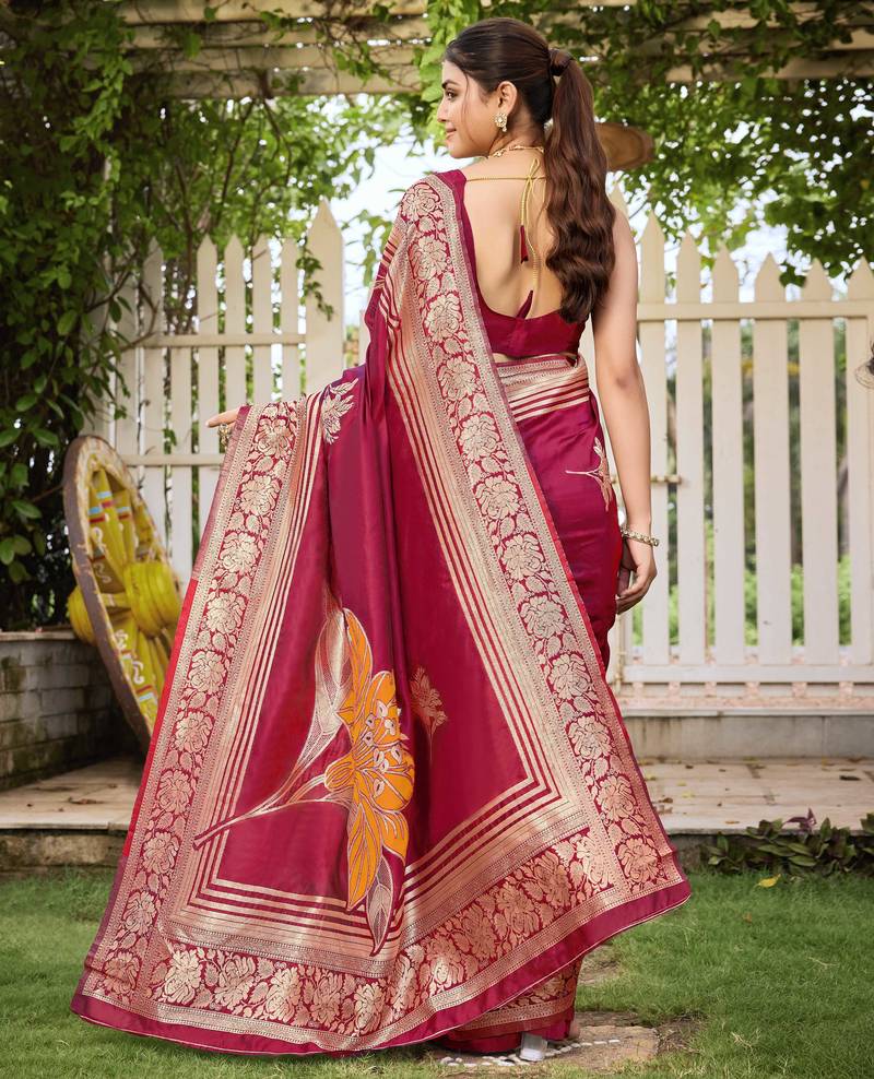 Women's red jacquard silk blend saree with zari floral border festive wear