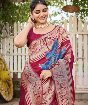 Women's red jacquard silk blend saree with zari floral border festive wear 3