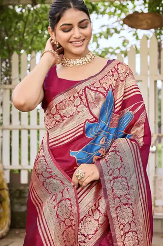 Women's red jacquard silk blend saree with zari floral border festive wear