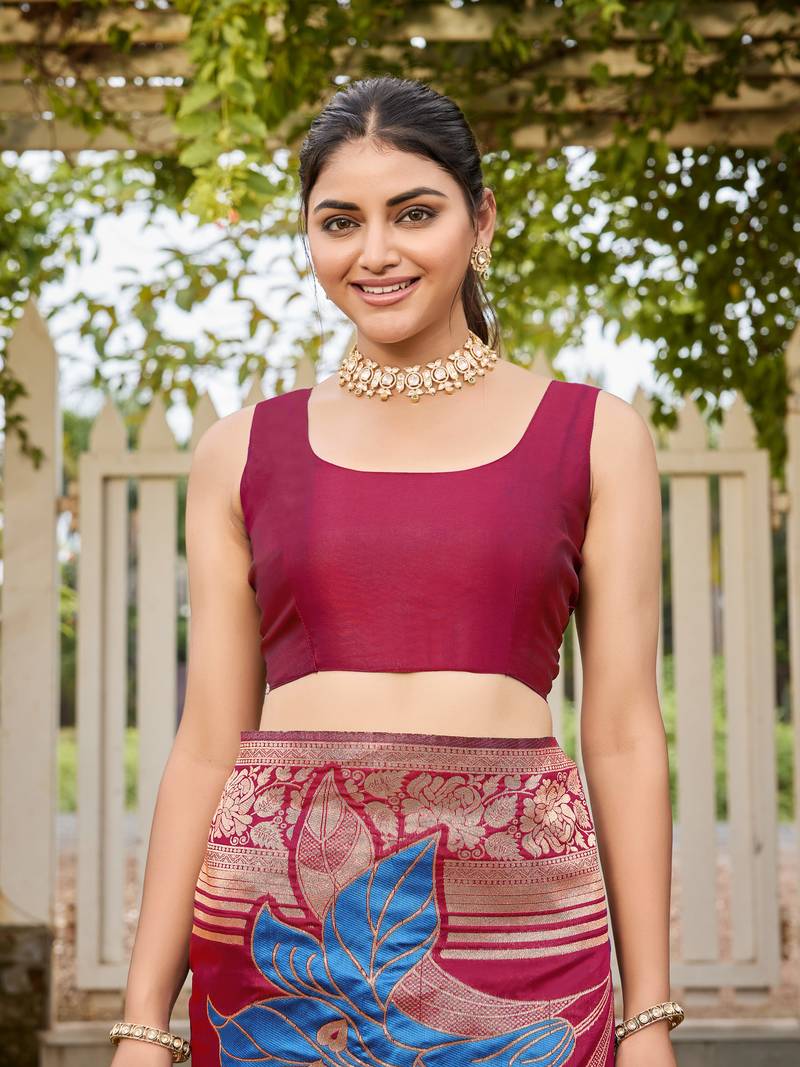 Women's red jacquard silk blend saree with zari floral border festive wear