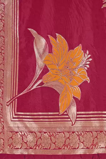 Women's red jacquard silk blend saree with zari floral border festive wear