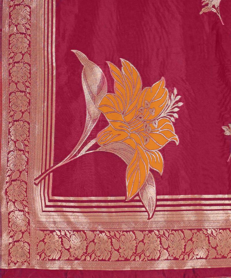 Women's red jacquard silk blend saree with zari floral border festive wear