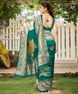 Women's teal green jacquard silk blend saree with zari floral border wear 2