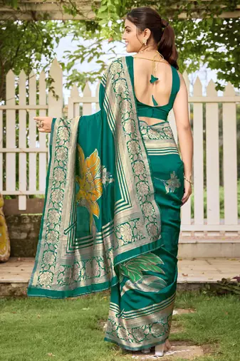 Women's teal green jacquard silk blend saree with zari floral border wear