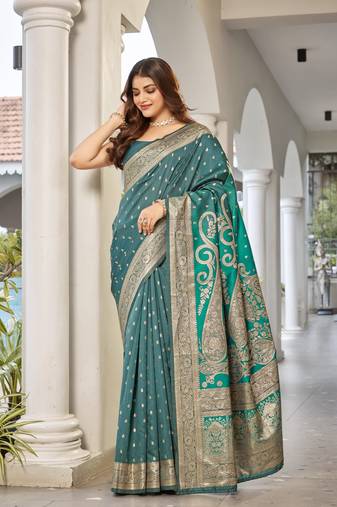 women's blue jacquard silk blend saree with zari paisley border occasion wear