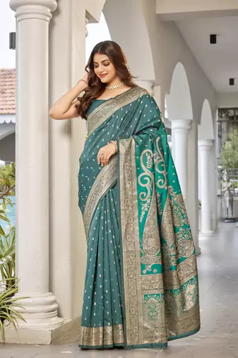 women's blue jacquard silk blend saree with zari paisley border occasion wear