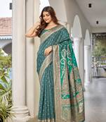 women's blue jacquard silk blend saree with zari paisley border occasion wear