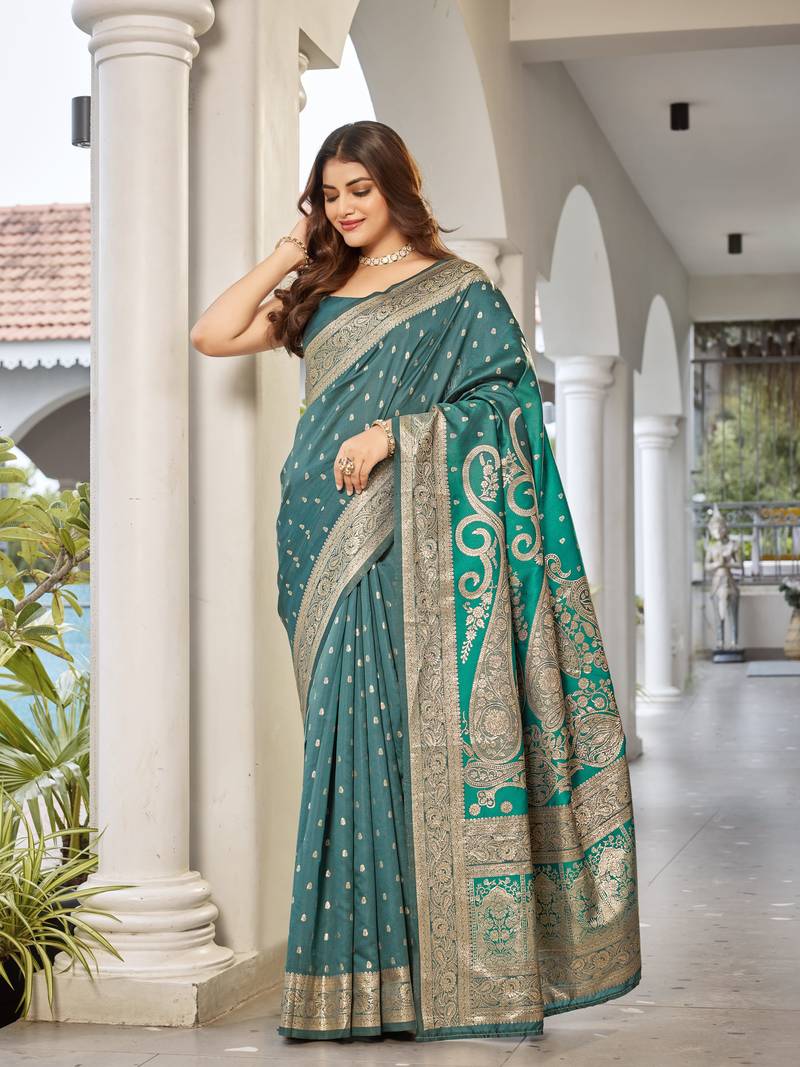 women's blue jacquard silk blend saree with zari paisley border occasion wear