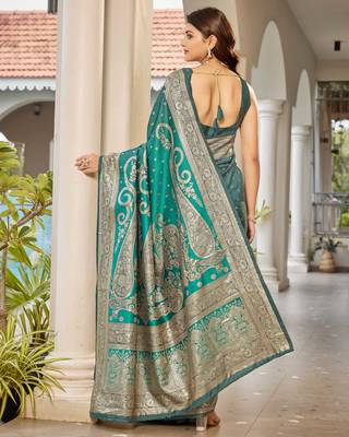 women's blue jacquard silk blend saree with zari paisley border occasion wear 2