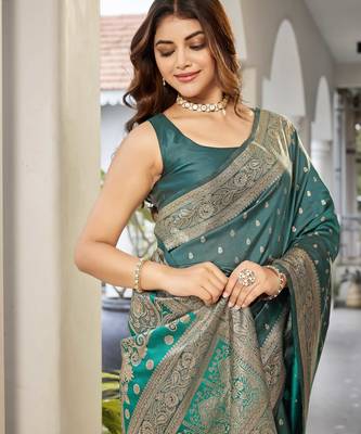 women's blue jacquard silk blend saree with zari paisley border occasion wear 3