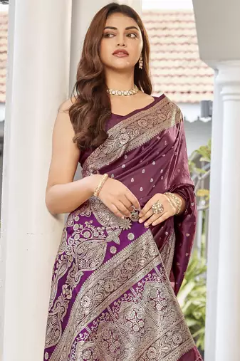 women's wine jacquard silk blend saree with zari paisley border occasion wear