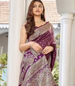 women's wine jacquard silk blend saree with zari paisley border occasion wear