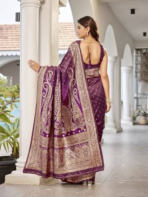 women's wine jacquard silk blend saree with zari paisley border occasion wear 2
