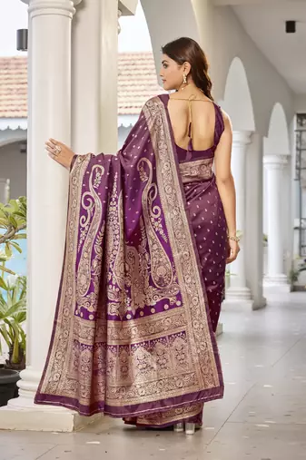 women's wine jacquard silk blend saree with zari paisley border occasion wear