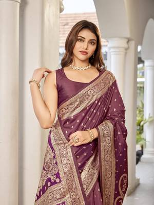 women's wine jacquard silk blend saree with zari paisley border occasion wear 3