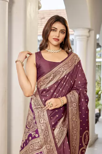 women's wine jacquard silk blend saree with zari paisley border occasion wear