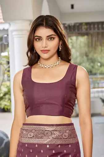 women's wine jacquard silk blend saree with zari paisley border occasion wear