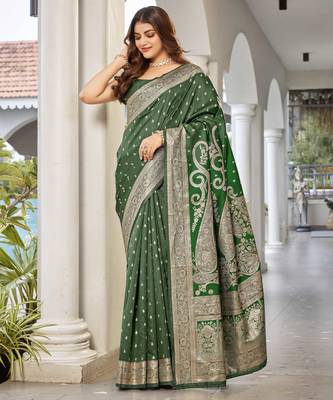 women's green jacquard silk blend saree with zari paisley border occasion wear 1