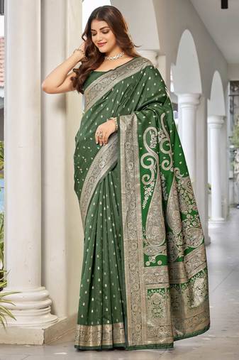 women's green jacquard silk blend saree with zari paisley border occasion wear