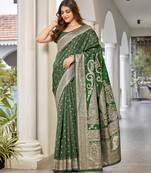 women's green jacquard silk blend saree with zari paisley border occasion wear