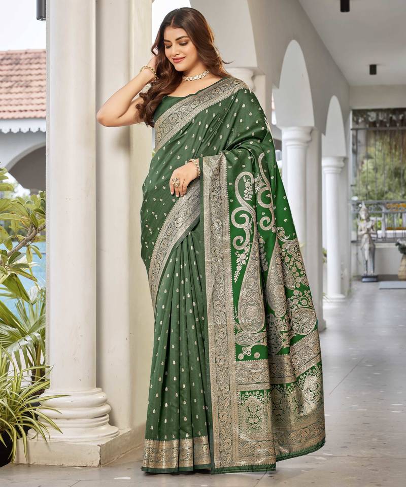 women's green jacquard silk blend saree with zari paisley border occasion wear