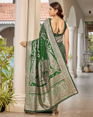women's green jacquard silk blend saree with zari paisley border occasion wear 2