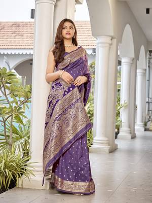women's purple jacquard silk blend saree with zari paisley border occasion wear 1