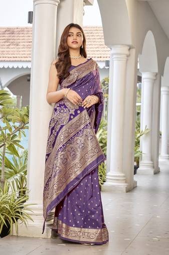 women's purple jacquard silk blend saree with zari paisley border occasion wear