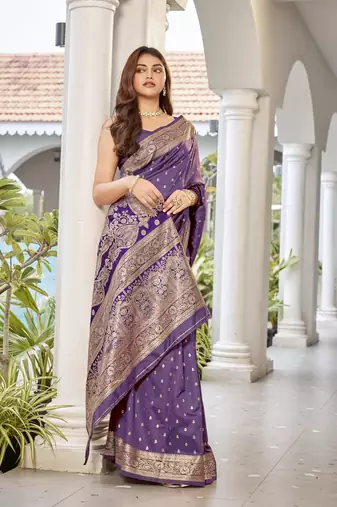 women's purple jacquard silk blend saree with zari paisley border occasion wear