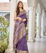 women's purple jacquard silk blend saree with zari paisley border occasion wear