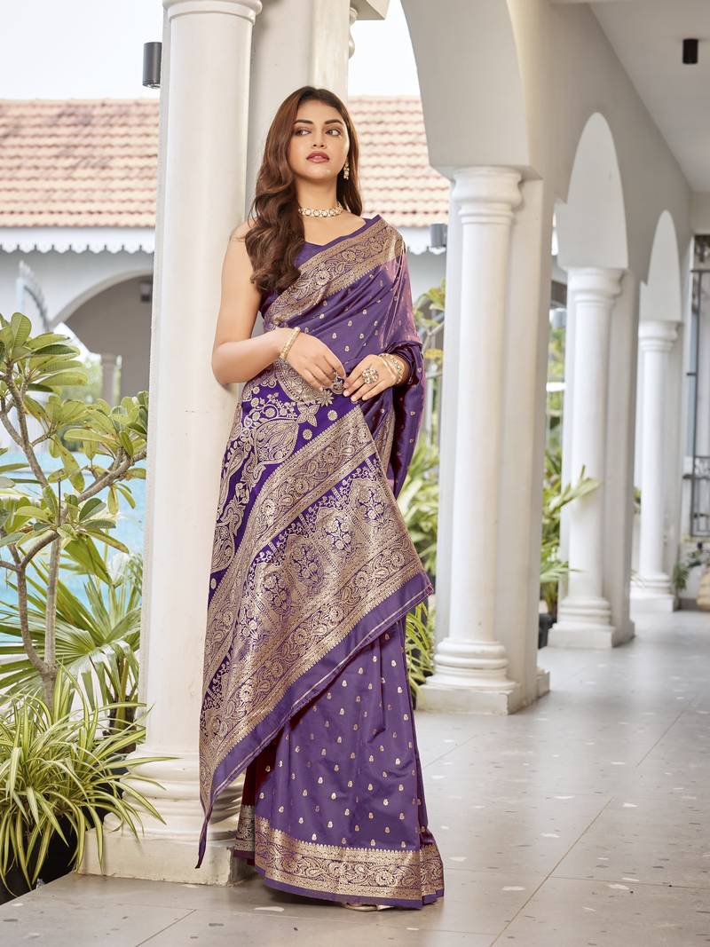 women's purple jacquard silk blend saree with zari paisley border occasion wear