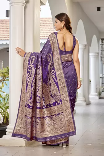 women's purple jacquard silk blend saree with zari paisley border occasion wear