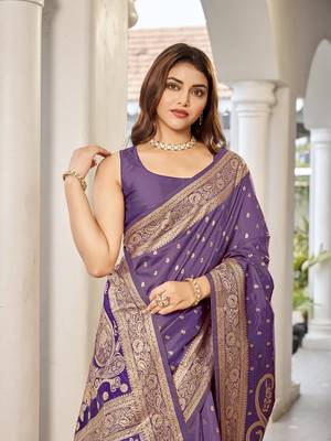 women's purple jacquard silk blend saree with zari paisley border occasion wear 3
