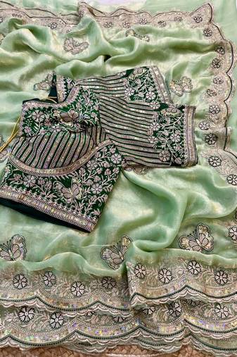soft fandy satin pista green embroidered saree for women's