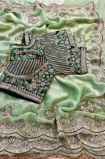 soft fandy satin pista green embroidered saree for women's