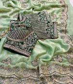 soft fandy satin pista green embroidered saree for women's