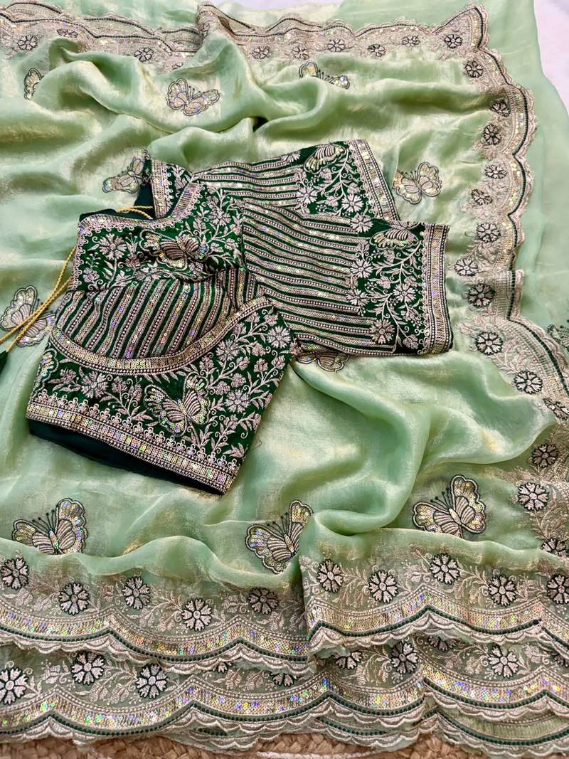 soft fandy satin pista green embroidered saree for women's