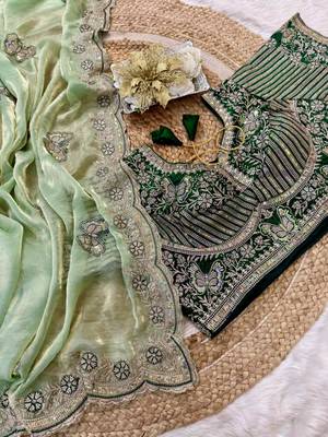 soft fandy satin pista green embroidered saree for women's 2