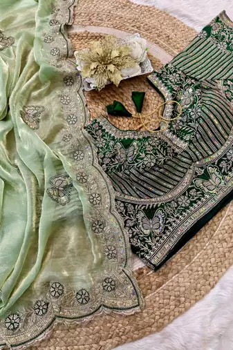soft fandy satin pista green embroidered saree for women's