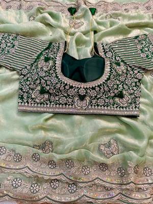 soft fandy satin pista green embroidered saree for women's 3