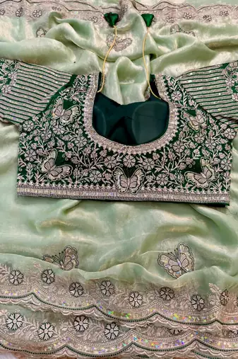 soft fandy satin pista green embroidered saree for women's