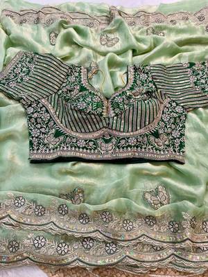 soft fandy satin pista green embroidered saree for women's 4