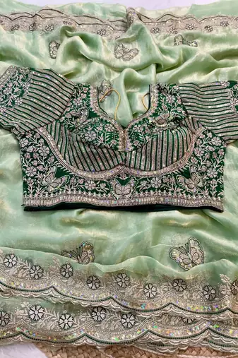 soft fandy satin pista green embroidered saree for women's