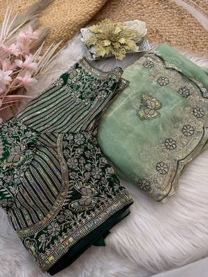 soft fandy satin pista green embroidered saree for women's 5
