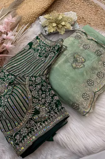 soft fandy satin pista green embroidered saree for women's