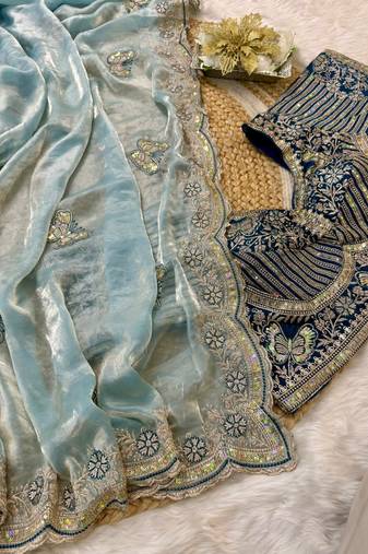 soft fendy satin embroidered work saree with blouse for women's