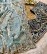 soft fendy satin embroidered work saree with blouse for women's