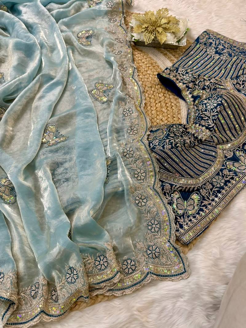 soft fendy satin embroidered work saree with blouse for women's