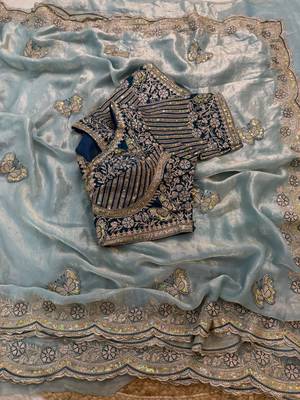 soft fendy satin embroidered work saree with blouse for women's 2