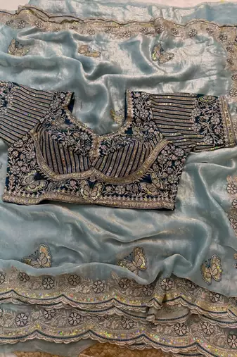 soft fendy satin embroidered work saree with blouse for women's